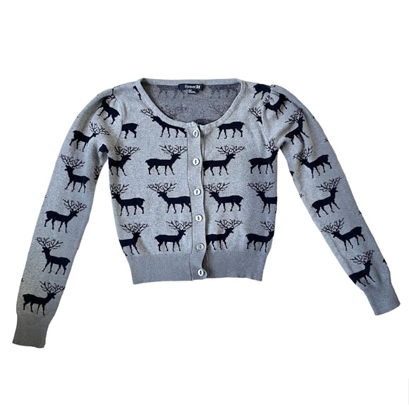 Forever 21 Reindeer Crop Cardigan Sweater Small S/P Deer Gray Black - Picture 1 of 12